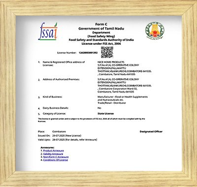 FSSAI license certificate of Nice Home Products – approved to make fresh chapathi, poori, and paratha in Coimbatore.